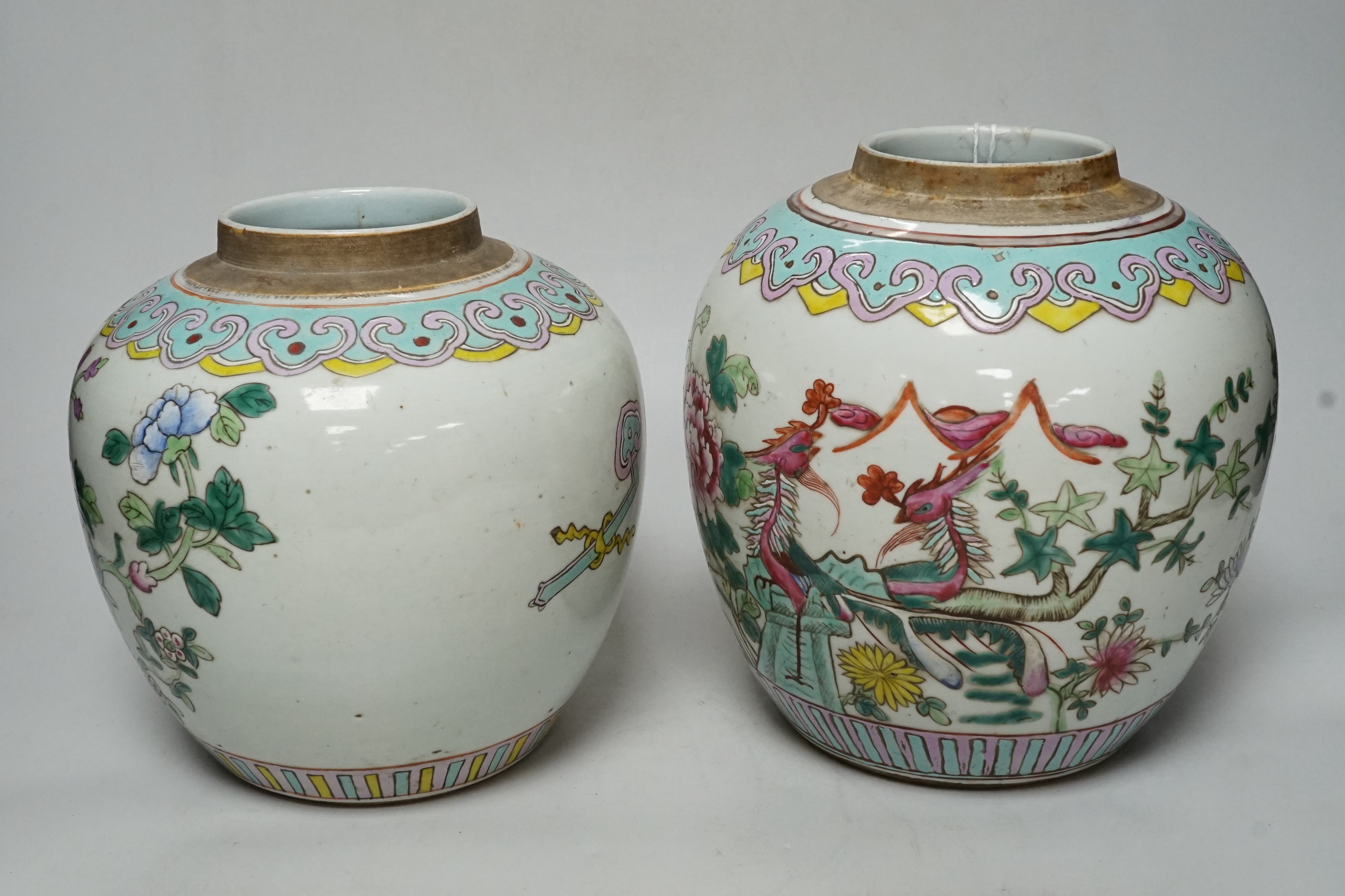 Two graduated 19th century Chinese famille rose ‘phoenix and peony’ ovoid jars, tallest 22cm